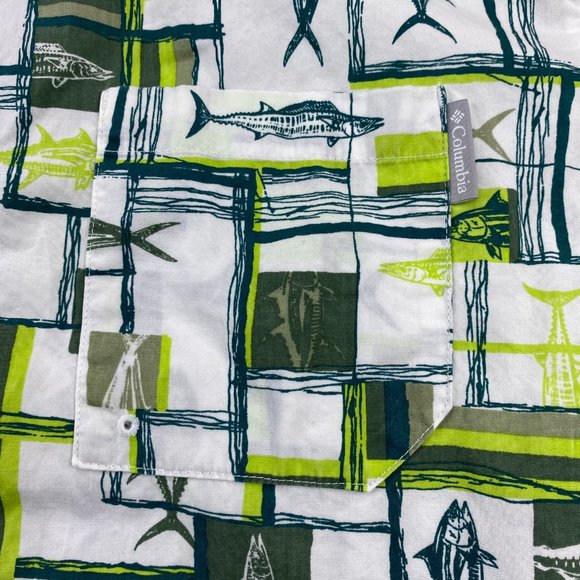 Columbia Sportswear PFG Shirt Men Medium M White Green Button Up All Over Print - Picture 5 of 15
